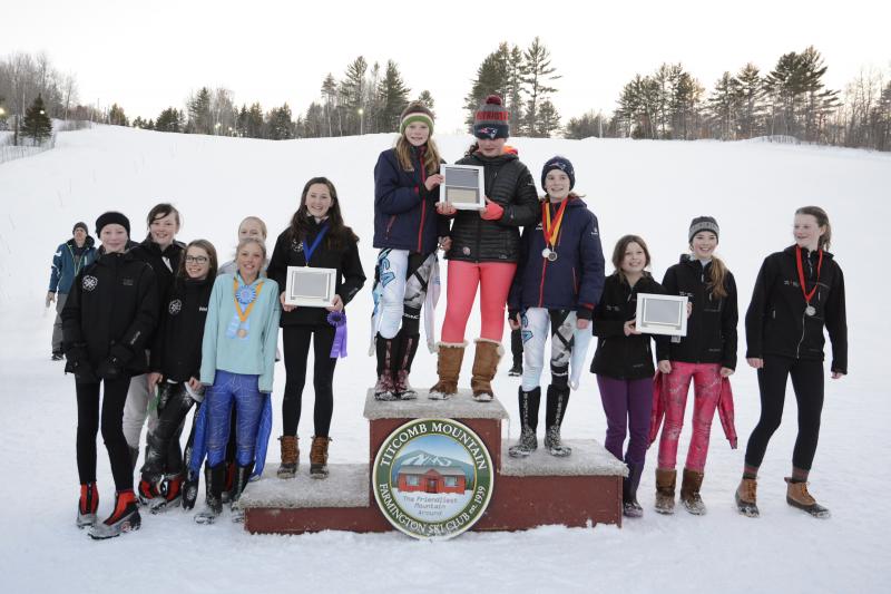 Girls Third Place: On third place podium (to the left): L-R: Charlotte Taylor, Lizzy Larsen, Abigail Williams, ? (back), Ellie Andrus, Isabelle Manahan. (Courtesy Becky Lowe Photography)