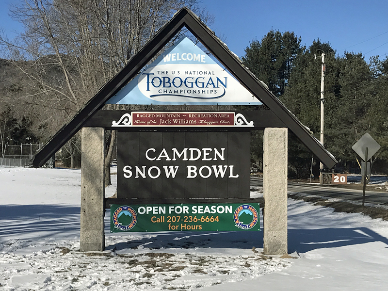 The refurbished sign announcing the Snow Bowl as the home of the Jack Williams Toboggan Chute is back in its rightful place at the entrance to the recreation area on Barnestown Road. (Photo by Holly S. Edwards)