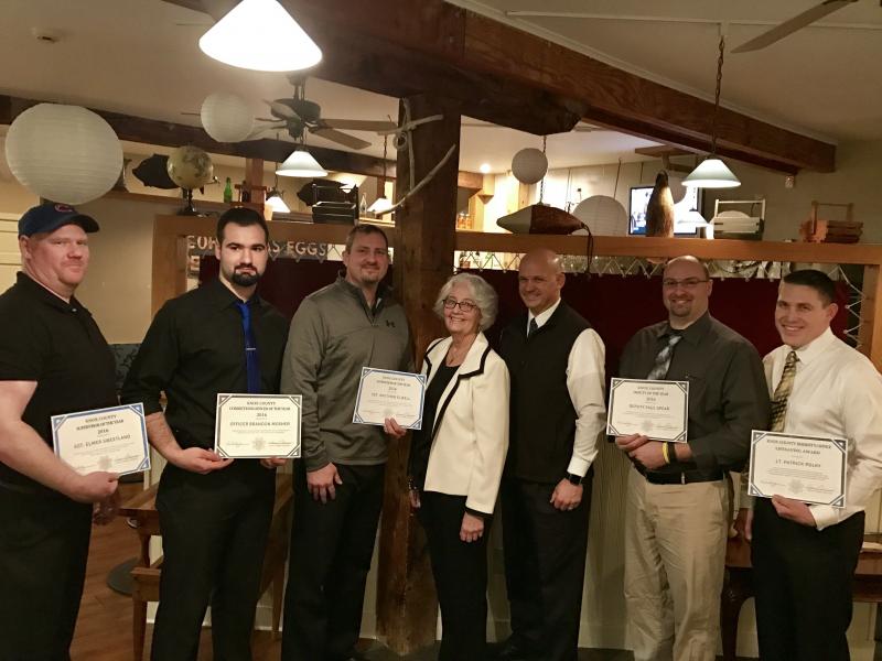 Six officers of the Knox County Sheriff Office were recognized for their heroic and leadership duties at the annual employee recognition banquet Feb. 4. Left to right, Sgt. Elmer Sweetland, Corrections Officer Brandon Mosher, Sgt. Matthew Elwell, Sheriff Donna Dennison, Chief Deputy Tim Carroll, Deputy Paul Spear and Lt. Patrick Polky. Missing from the photo is Corrections Officer Dennis Palmer. (Photo courtesy of Knox County Sheriff’s Office)