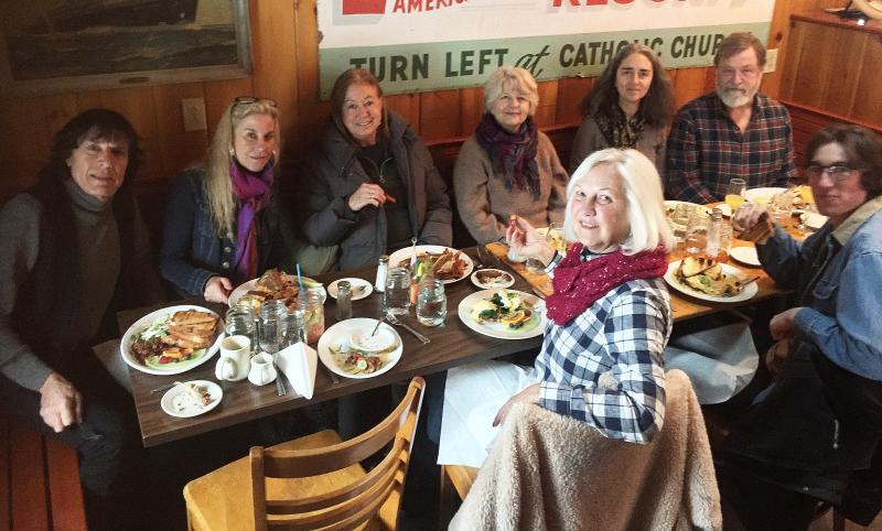 Brunch at the Carriage House was fun and delicious. Far side from left to right: Jeff Savastano, Adele Bielli, yours truly, Morgan Callan Rogers, Sue Mello and Jon Lewis. Front: Pamela Lauzau O’Connor and Cody Mitchell. SUZI THAYER/Boothbay Register