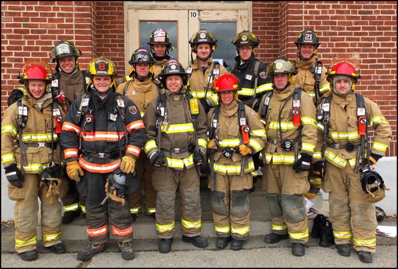 Firefighters in training with the Knox County Fire Training Academy. Front row left to right: Jack Hauprich, Camden; Alex Benner, Friendship; Clint Beverage, Rockport; Nikki Coghill, Camden; Mike Amoroso, Camden; and Alex Winn, Camden. Back row right to left: Charles Weidman, Hope; Calvin Morin, Waldoboro; Taylor Benzie, Camden; Colin Four, Cushing; Steve Hallett, Rockland; and David Benner, St. George. (Photos by Chris Wolf)