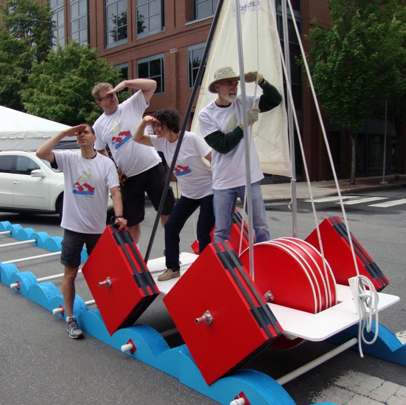 Kim and her team at the Cambridge People’s Sculpture Race with their square-wheeled boat, ‘Sisyphus’. (Photo courtesy Kim Bernard).