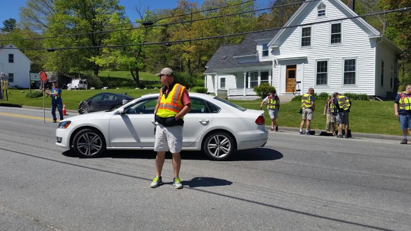 Rockport Fire Chief Jason Peasley assists with traffic control at the crash scene. (Photo by Sarah Shepherd)