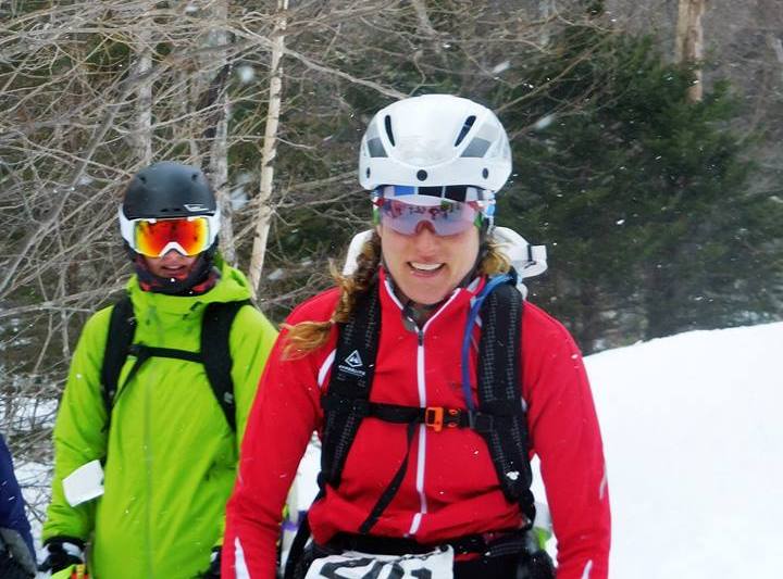 Jayme Okma Lee carries on through Mount Washington’s tough spring weather during the Tuckerman’s Inferno Pentathlon. (Photo courtesy of Jayme Okma Lee)