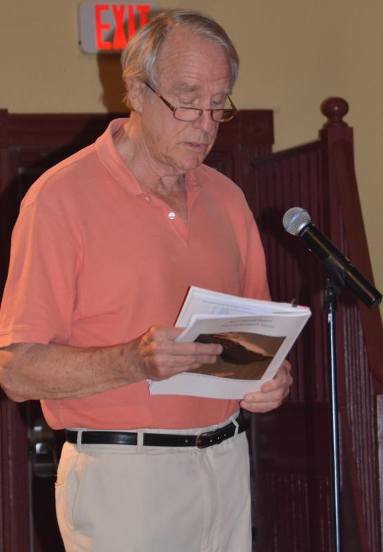 Rockport resident Alex Armentrout questions various budget lines. (Photo by Lynda Clancy)