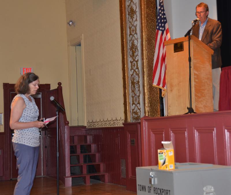 Rockport resident Stephanie Lash questions the spending on the town’s culture line. (Photo by Lynda Clancy)