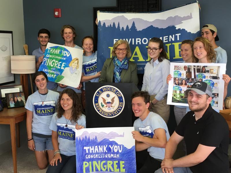 Congresswoman Chellie Pingree was recognized for her dedication to environmental advocacy by Environment Maine on Monday, July 10. Front row left to right: Trisha Poulin, Seanna Flynn, Will Monaco, Mathias Burner. Back row left to right: Nick Manning, Henry Dodge, Clare Loughlin, Congresswoman Chellie Pingree, Emily Tucker (Maine Coast Fishermen's Association), Julia Gesensway, Abi Bradford, and John Poulin.