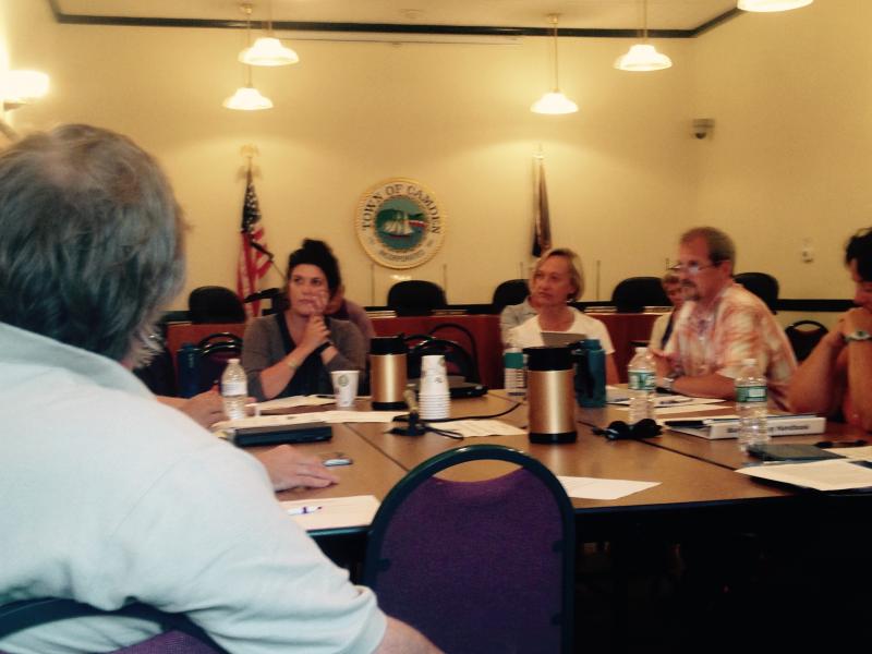 Camden Select Board member Jenna Lookner, with Camden school board members Becky Flanagan and Pete Orne, Aug. 9, at a joint meeting.