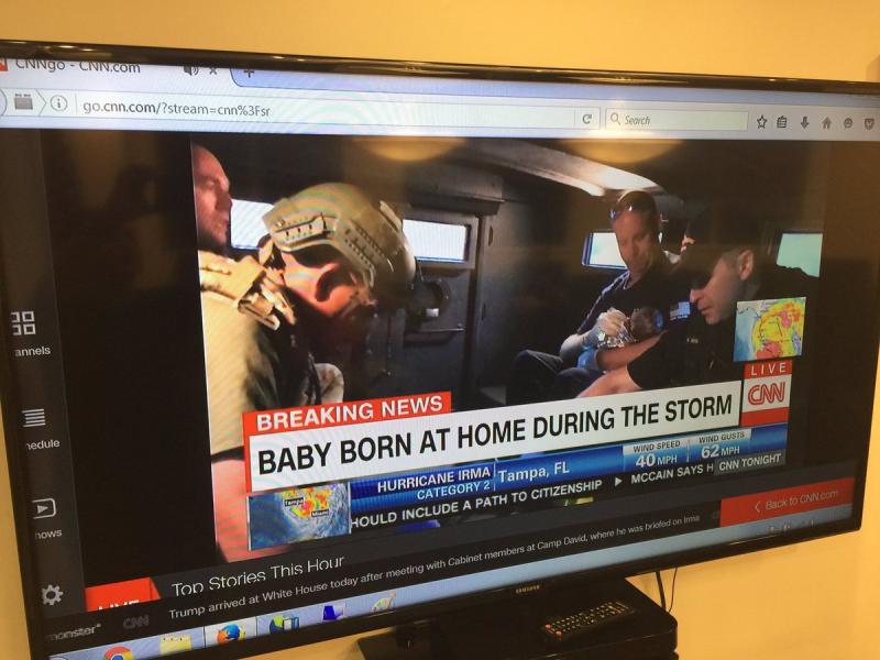 A photo of CNN reporting on the birth of a Coral Springs, Florida baby during Hurricane Irma. (Courtesy Dan Daley/Twitter)