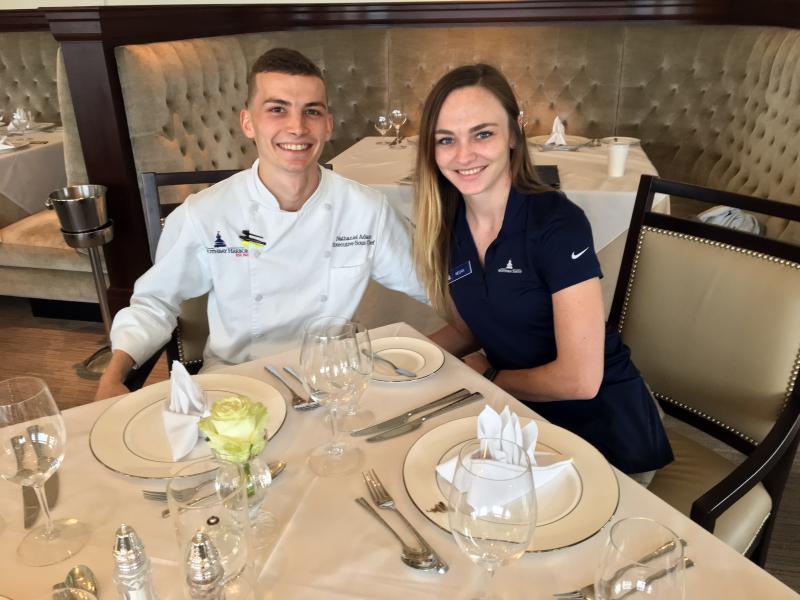 Chef Nathaniel Adam with girlfriend Megan Conway in the dining room of Paul’s Steak House at the Boothbay Harbor Country Club. SUZI THAYER/Boothbay Register