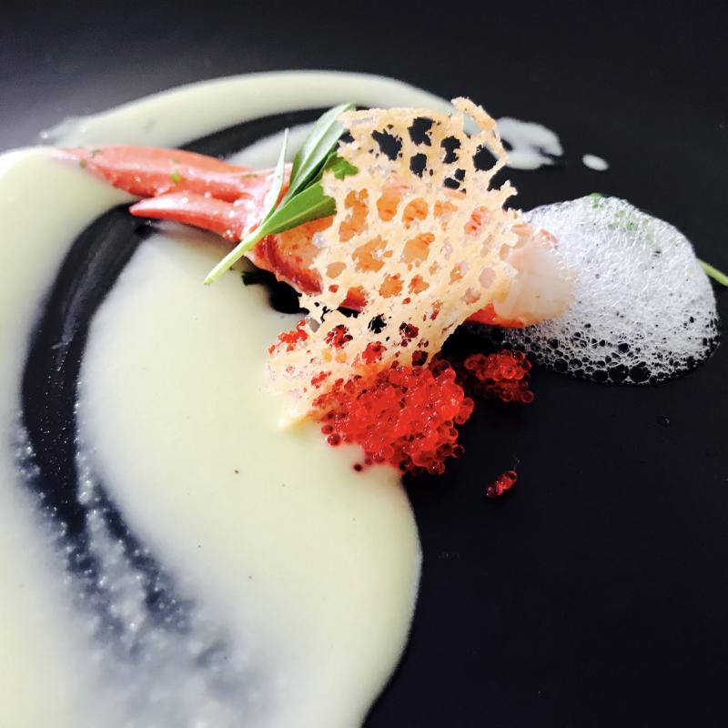 Nathaniel Adam’s winning Claw Down bite: Butter poached lobster with sweet corn and candied thyme brown butter emulsion, sea salt tuile and vanilla tarragon seafoam and red tobiko. Courtesy of Michelle Amero