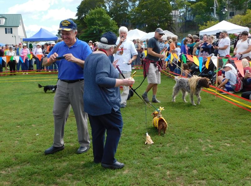 Bruce Metrick (inset, far left) and wife Margo (to his immediate right) prepare to accept the first place trophy on behalf of their dachshund Penny, who dressed as the Yellow Submarine.