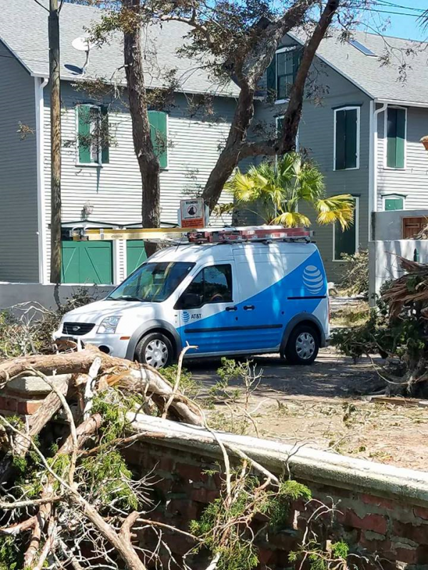 The AT&T utility truck was able to get on site after trees were cleared from the road.