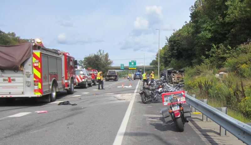 Two motorcyclists were killed Sunday, September 10 in an accident involving four motorcycles and a pickup truck, according to a media release issued by Maine State Police Spokesman Steve McCausland. The motorcycles were among the some 3,000 bikes participating in the annual United Bikers of Maine Toy Run. (Photo Courtesy of Steve McCausland/Maine State Police)