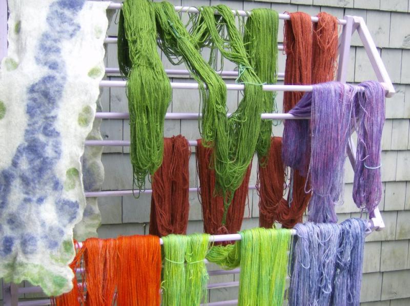 Beautiful colors in the finished scarves and skeins that come back from the woolen mill. (Photo courtesy Barber’s Bunnies)