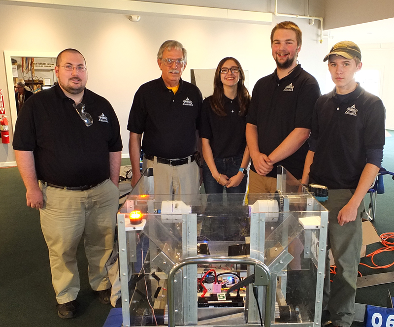 Geoff Cyr, Bud Rivers, Rebkah Mellor, Hunter Blakesley and Nicholas Bradley form Searsport and members of the Midcoast Maniacs Robotics Team.