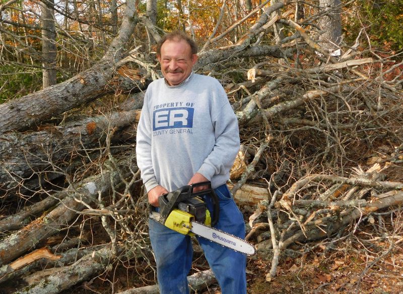 Ed Hall works on a fallen tree in Belfast Oct. 31. (photo by Erica Thoms)