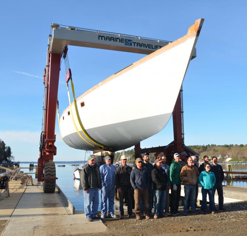 The new hull, constructed all last winter at Rockport Marine, gets launched May 4. (Photo by Lynda Clancy)