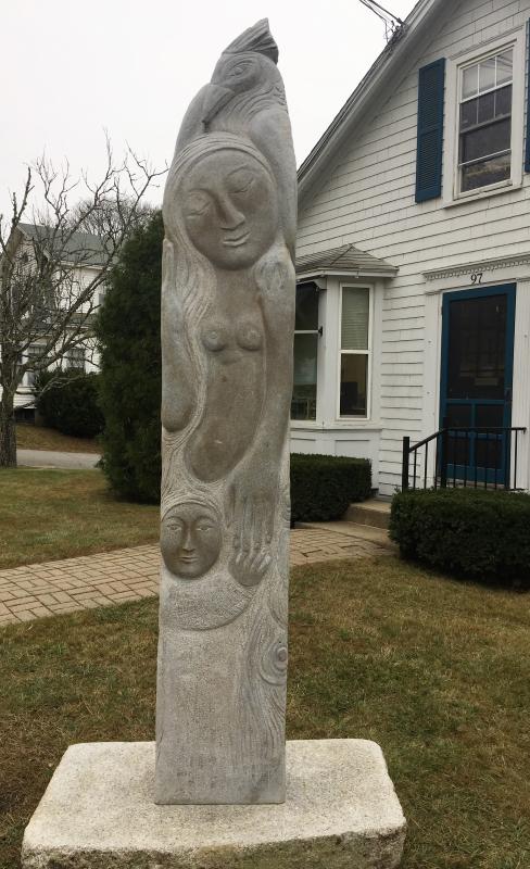 Lise Becu’s granite sculpture “Mother” is now installed at the Boothbay Register. Lise Becu
