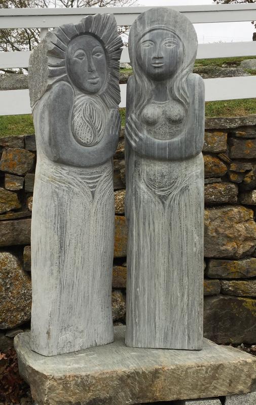 Lise Becu’s “Sun and Moon,” completed during the Maine Coast Stone Symposium this past August, is now installed in the courtyard at House of Logan. Lise Becu