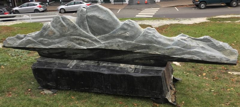 Bill Royall’s “Mountain Lake” granite sculpture created at the Maine Coast Stone Symposium, is now installed at Brick House Hill. William “Bill” Royall