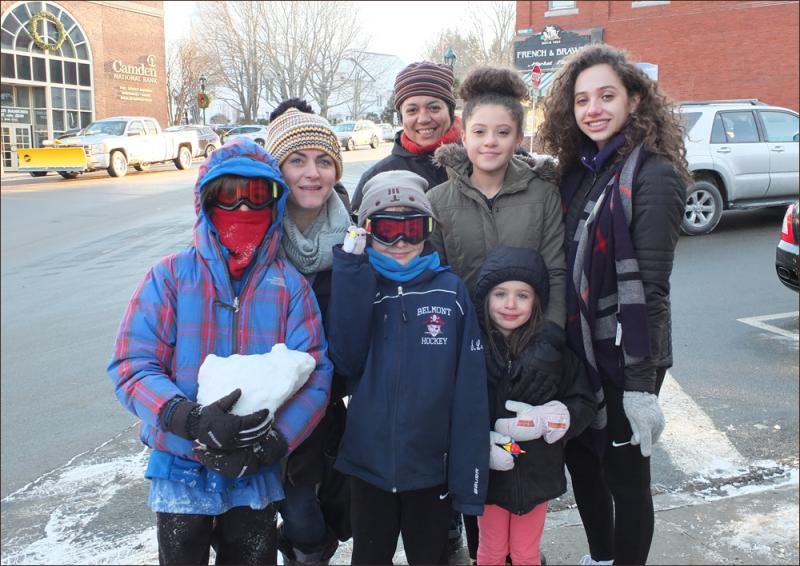 James, Sarah, Soren, Vivienne and Terri Lemieux. Stella and Lola Browning. All are from the Belfast area. Layers and layers and layers are the secret to staying warm.