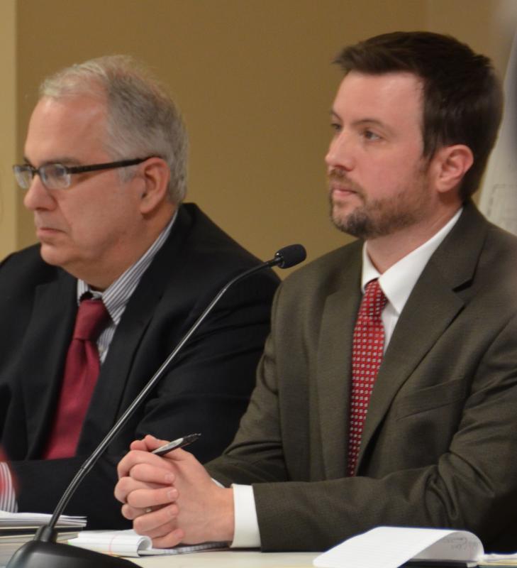 SAD 28 School Board attorney William Stockmeyer and Oak Point architect Tyler Barter, Jan. 10, at the Rockport Opera House. (Photo by Lynda Clancy)