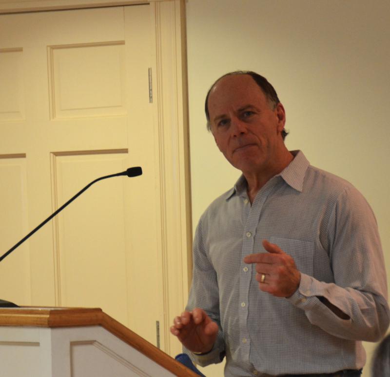 Camden resident Geoff Scott addresses the room at the Jan. 10 SAD 28 School Board meeting. (Photo by Lynda Clancy)