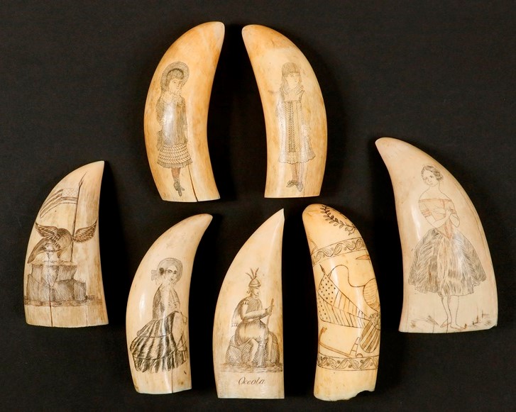 Group of scrimshaw items from the Edmund Skillin marine collection. Courtesy of Thomaston Place Auction Galleries Edmund Skillin marine collection