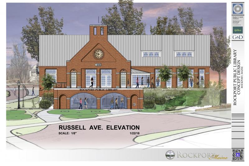 Initial elevation plans of the proposed Rockport Public Library design, as presented Jan. 23 at a workshop of the Rockport Select Board, Library Committee, architects and engineers. The view is from Russell Ave.
