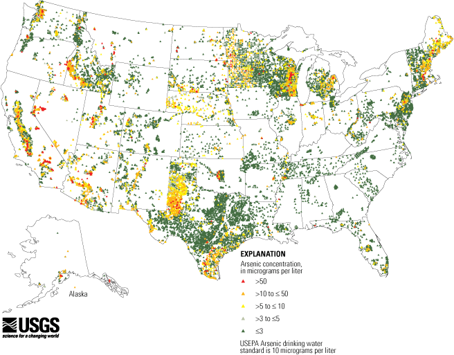Arsenic in groundwater is largely the result of minerals dissolving from weathered rocks and soils. Several types of cancer have been linked to arsenic in water. In 2001 the US Environmental Protection Agency lowered the maximum level of arsenic permitted in drinking water from 50 micrograms per liter (ug/L) to 10 ug/L.
The U.S. Geological Survey has developed maps that show where and to what extent arsenic occurs in groundwater across the country. The current maps are based on samples from 31,350 wells. Widespread high concentrations were found in the West, the Midwest, parts of Texas, and the Northeast.