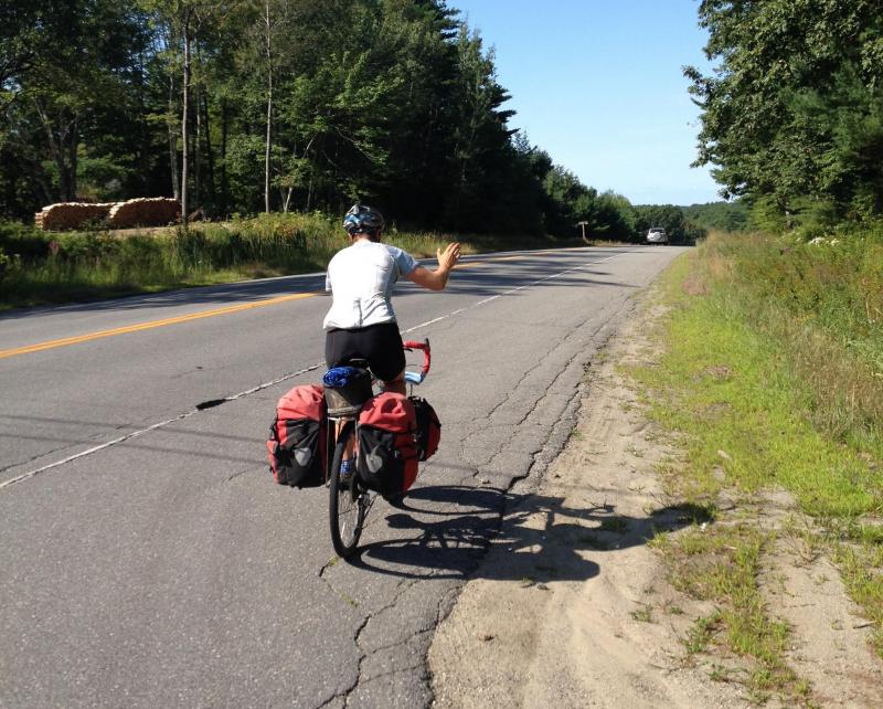 Waving goodbye to her mom on route 90 in Camden.