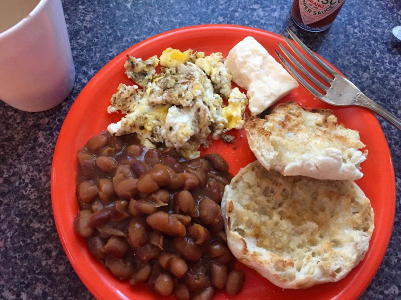 A fabulous hi-cal breakfast: Fried eggs with Tabasco sauce, baked beans, an English muffin, and a hunk a cheese. SUZI THAYER/Boothbay Register