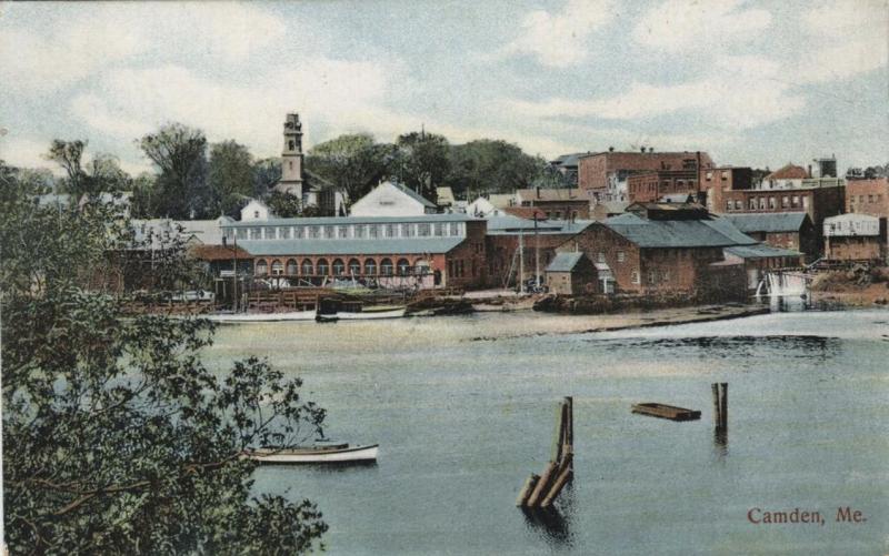Postcard showing the Camden Anchor Works where the Public Landing is today. Note where the river enters the harbor after it passes through a flume in order to power the water wheel of the Camden Anchor Works.