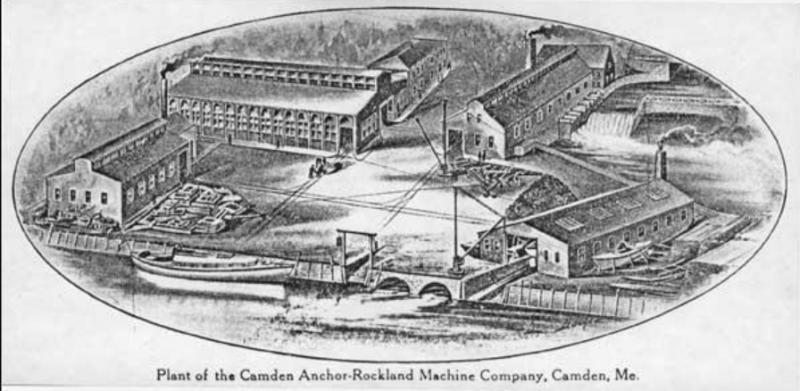 Camden Anchor Works in the place of the current Public Landing. Note the multiple flumes which redirected the water as it flowed into Camden Harbor.