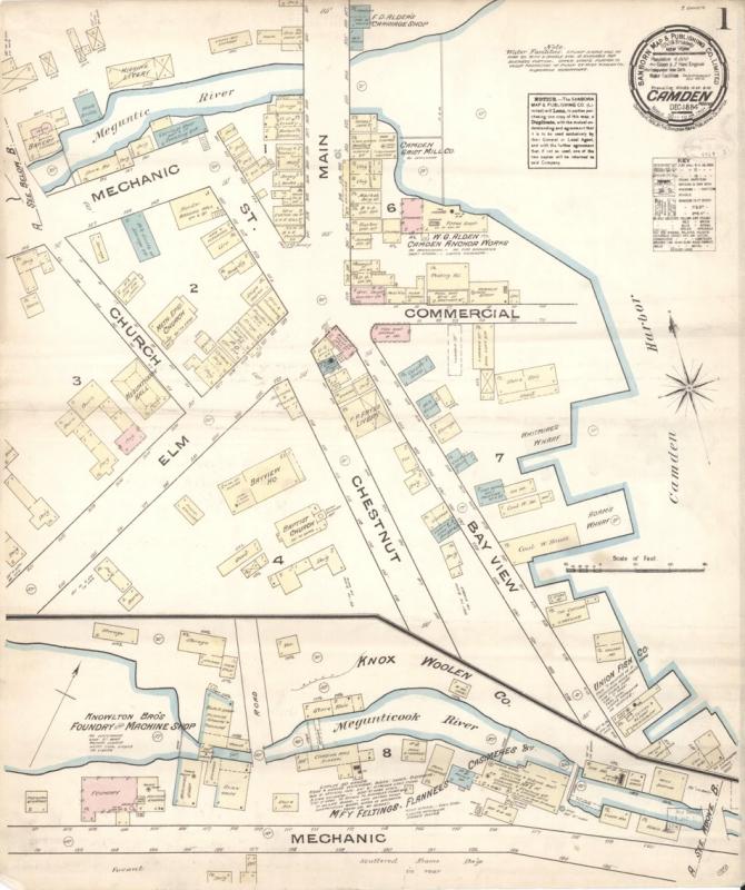 Sanborn Insurance Map of Camden from 1884 (before the Great Fire of 1892 and still over 100 years after Camden's first mill went in).