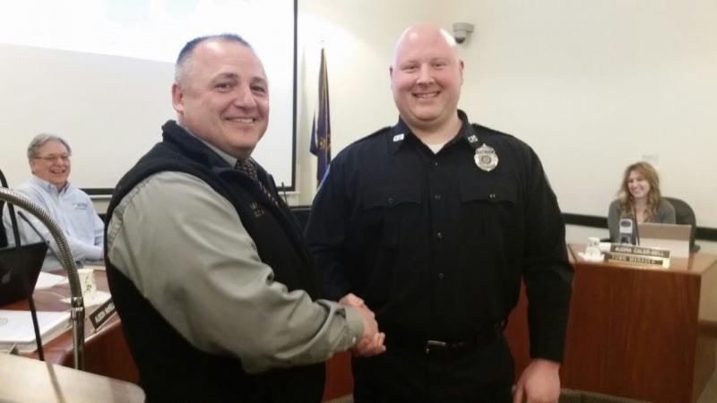 Police Chief Randy Gagne introduced Thompson at the Camden Select Board meeting on March 5. (Photo by Sarah Shepherd)
