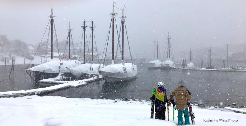 Owen Morong, Colin Wright and Brennan Wright get ready to ski Harbor Park, in Camden, during the March 13 blizzard. (Photo courtesy Katherine White)