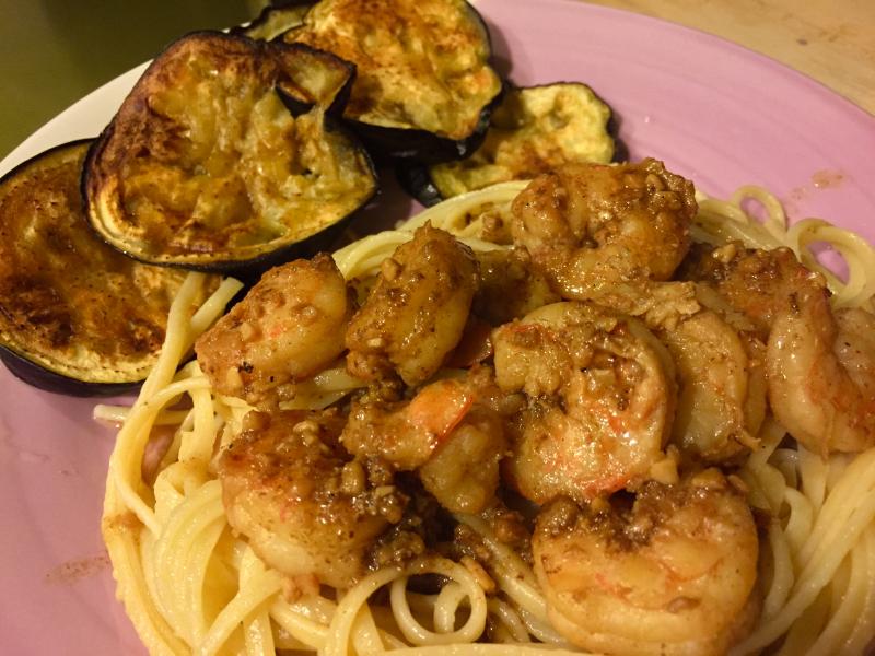 Shrimp scampi with roasted eggplant was one of the fabulous meals I’ve indulged in over the past few weeks of pigging out. SUZI THAYER/Boothbay Register