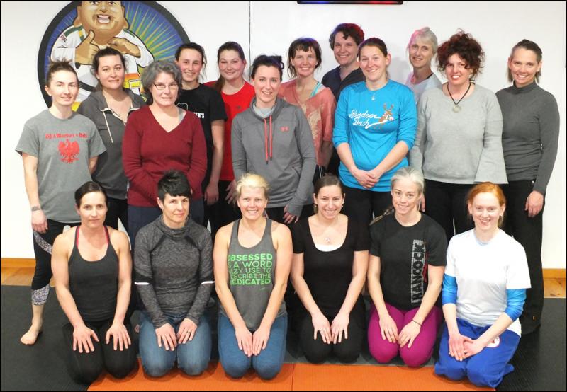 Women’s Defense Class at Flow Brazilian Jiu Jitsu on March, 23, in no particular order: Angie Hall, Angelica Gaudreau, Vicki Sheehan, Maggi Clark, Erin Scalli, Celena Zacchai, Christine Galvez, Trisha Young, Angela Crawford, Erin Michaud, Elizabeth Iserbyt, Casie Taylor, Caitlin Clark, Gloria Hewett, Anna Dyer and Amanda Downer.