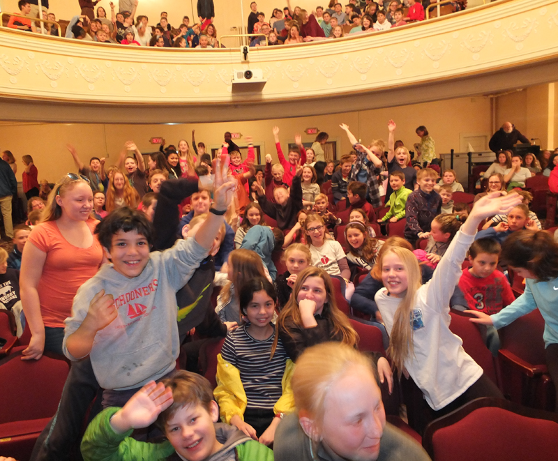 Students at CRMS ham it up for during intermission at the Aladdin Jr. school performance on Wednesday.
