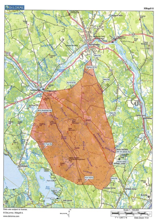 The area off limits to hunting while police search for a suspect. (Image courtesy Maine Office of Public Safety)