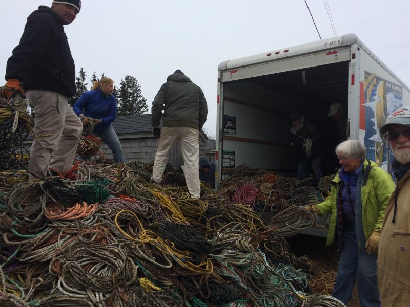Pilot Gus Lookner, Kim Peabody, lobsterman Nat Hussey, Sue Liebling, and lobsterman Joe Bray help load the truck. (Photo by Eva Murray)