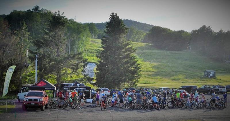A group of bikers gathered last week at Camden Snow Bowl. Photo courtesy Sidecountry Sports.