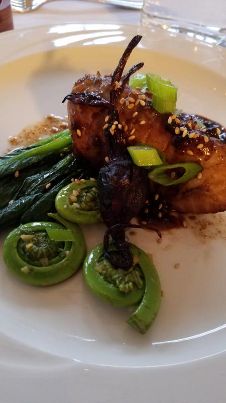 Bulgogi style monkfish, new beets, tat soi and fiddleheads. (Photo courtesy of THE HICHBORN)
