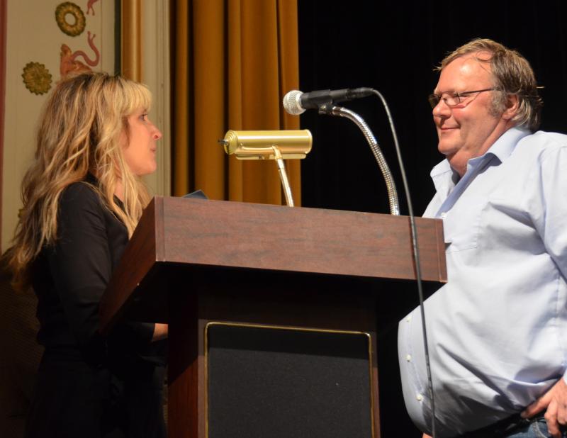 Camden Town Manager Audra Caler Bell and John French, at the podium at annual town meeting.