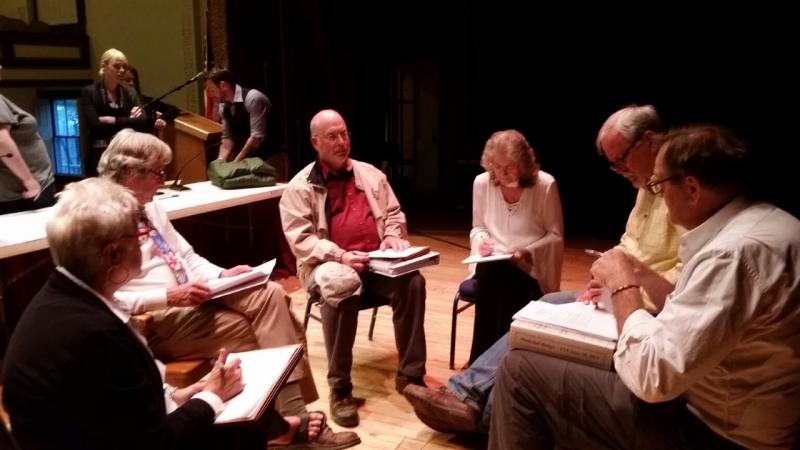 The Rockport Select Board for 2018-2019 convened for an administrative meeting on the stage following the June 13 Town Meeting. (Photo by Sarah Shepherd)