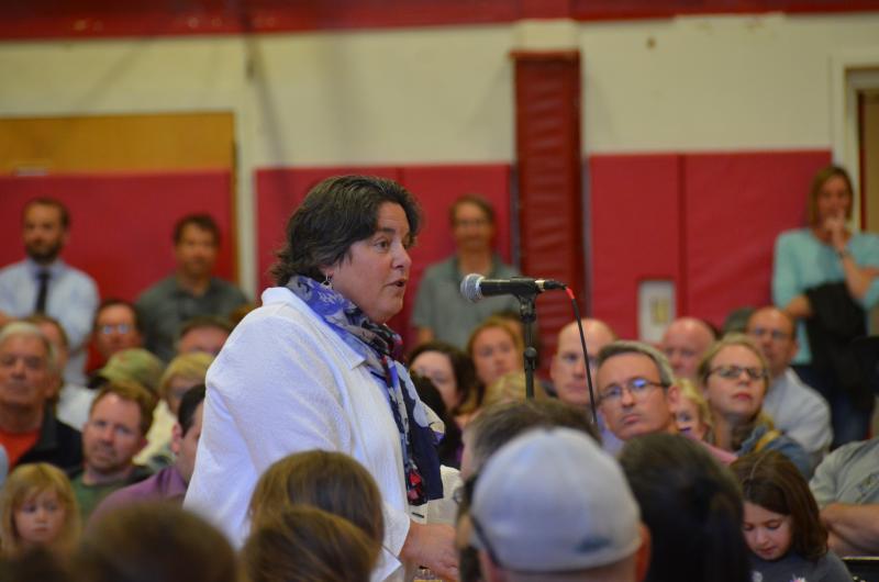 SAD 28 Superintendent Maria Libby delivers a presentation about the funding proposal. June 11, Camden-Rockport Middle School gym. (Photo by Lynda Clancy)