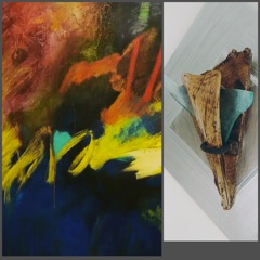 A photo collage with a Farmer assemblage piece (right) and a Caldwell painting (left). (Photo courtesy of Bonnie Farmer Assemblage Art & Gallery)