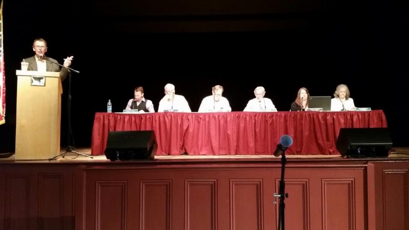 The June 13 Rockport Town meeting was led by moderator, Bob Duke. On the stage are (from left), Select Board members Owen Casas, Mark Kelley, Doug Cole, Town Manager Rick Bates, Finance Director Megan Brackett and Town Clerk Linda Greenlaw. (Photo by Sarah Shepherd)